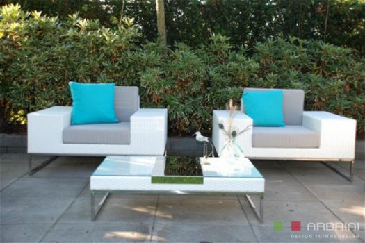 Loungestoel lounche fauteuil set terras tuin wit wicker aanbieding. - 1