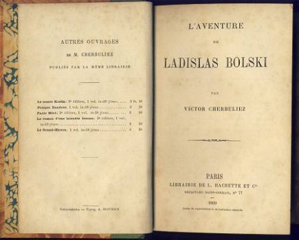 VICTOR CHERBULIEZ**L'AVENTURE DE LADISLAS BOLSKI**1869**HACH - 2