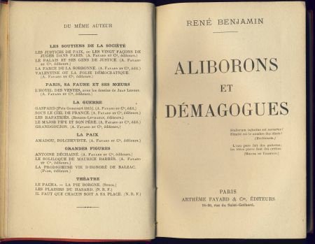 RENE BENJAMIN**ALIBORONS ET DEMAGOGUES**ARTHEME FAYARD & Cie - 2