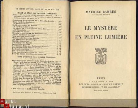 MAURICE BARRES**LE MYSTERE EN PLEINE LUMIERELIBRAIRIE PLON - 1