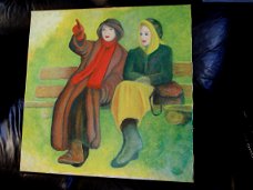 2 vrouwen babbelend op een bankje in het park met Noorderlicht ?