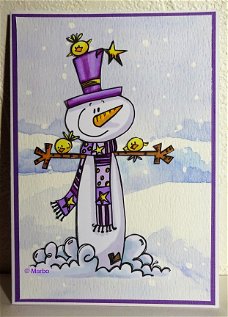 WINTERkaart 07: Sneeuwman met aquarel-achtergrond