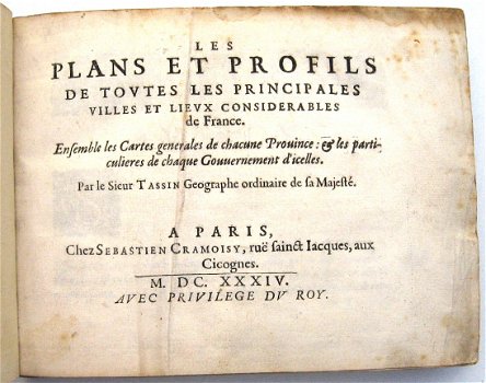 Tassin 1634 ATLAS Les plans et profils ... de France Vol I - 2