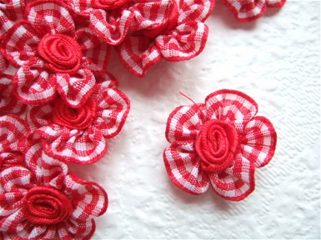 Mooi satijnen roosje op geruit rozetje ~ 2 cm ~ Rood - 1