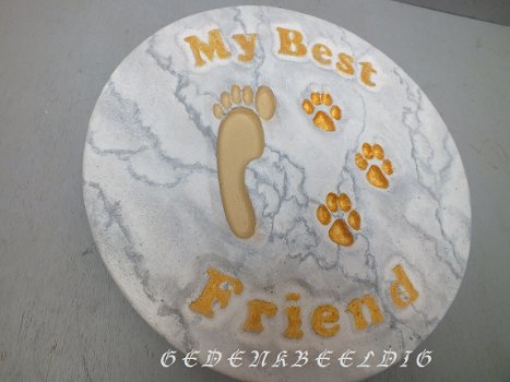 Gedenksteen MY BEST FRIEND Kat hond wit/goud marmer tuin graf handwerk - 2