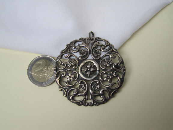 Zilveren broche kettinghanger Art Nouveau bloem decor 5.4 cm. - Afbeelding 2
