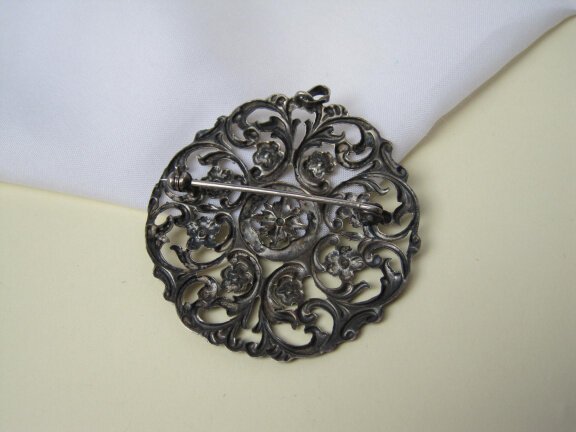 Zilveren broche kettinghanger Art Nouveau bloem decor 5.4 cm. - Afbeelding 4