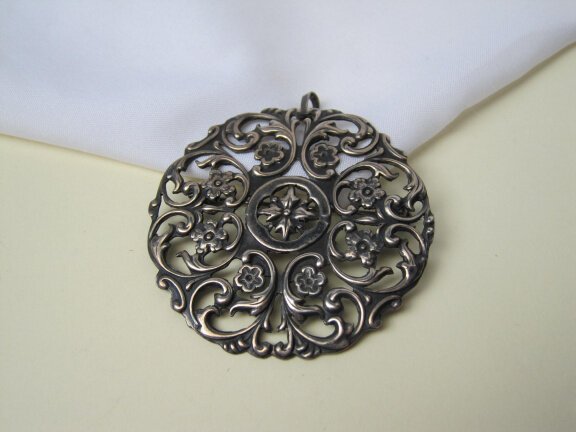 Zilveren broche kettinghanger Art Nouveau bloem decor 5.4 cm. - Afbeelding 6