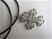 ketting zwart leer met keltisch kruis cross kruisje zilverkleur - 1 - Thumbnail