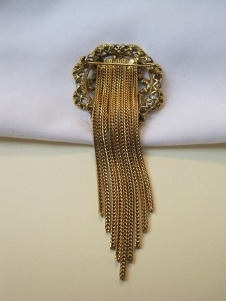 Broche antiek goudkleurig met sliertjes en heldere kristal rijnsteen cirkels 4.0x8.7 cm - Afbeelding 3