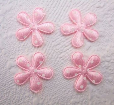 Satijnen polkadots bloemetje met smal blad ~ 2 cm ~ Roze - 1