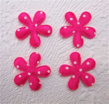 Satijnen polkadots bloemetje met smal blad ~ 2 cm ~ Fuchsia roze - 1