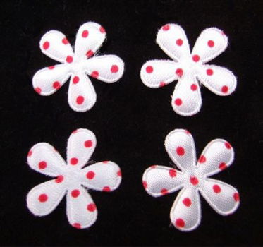 Satijnen polkadots bloemetje met smal blad ~ 2 cm ~ Wit / Rood - 1