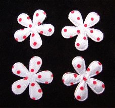 Satijnen polkadots bloemetje met smal blad ~ 2 cm ~ Wit / Rood