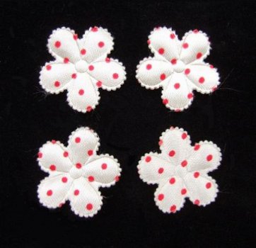 Satijnen polkadots bloemetjes met randje ~ 2,5 cm ~ Ivoor / Rood - 1