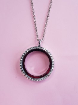 9002, Memory Glass Locket - Rond met Strass - Zilver incl ketting - 1