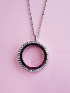 9002, Memory Glass Locket - Rond met Strass - Zilver incl ketting