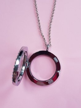 9002, Memory Glass Locket - Rond met Strass - Zilver incl ketting - 2