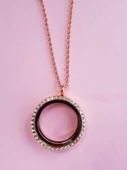 9003, Memory Glass Locket - Rond met Strass - Rose incl ketting - 1