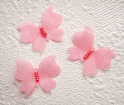 Mooi organza vlindertje met kraaltjes ~ 3 cm ~ Roze - 0