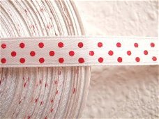 Satijnen polkadots band ~ 9 mm ~ Wit / rood