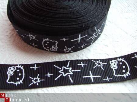 Grosgrain Hello Kitty band met sterretjes ~ 15 mm ~ Zwart - 3