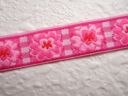 Roze geweven bloemen band ~ 11 mm - 2