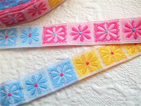 Geblokt bloemen band in roze, geel en blauw ~12 mm - 0