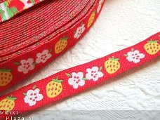 Rood aardbeien bloemetjes band ~ 12 mm