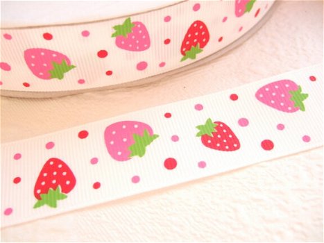 Wit grosgrain aardbeien band ~ 25 mm ~ Rood / roze - 0