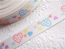 Lief room wit grosgrain band met hartjes ~ 14 mm