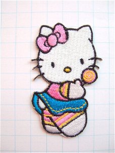 Lieve Hello Kitty met lolly, strijkapplicatie ~ 7 cm