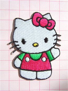 Hallo Hello Kitty, roze / groen strijkapplicatie ~ 6,5 cm - 0