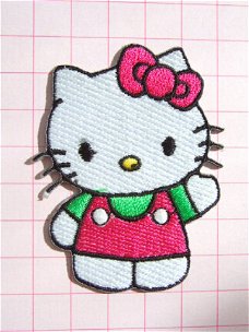 Hallo Hello Kitty, roze / groen strijkapplicatie ~ 6,5 cm