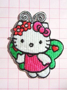 Roze vlinder Hello Kitty, strijkapplicatie ~ 6,5 cm