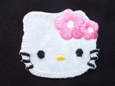 Witte Hello Kitty met roze strik, strijk applicatie ~ 5 cm