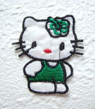 Kleine satijnen Hello Kitty strijk applicatie ~ 4,5 cm ~ Groen - 0