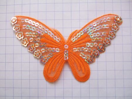 Organza vlinder met lovertjes, strijkapplicatie ~ 13,5 cm ~ Oranje - 0