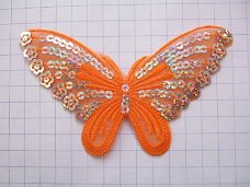 Organza vlinder met lovertjes, strijkapplicatie ~ 13,5 cm ~ Oranje