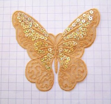 Organza vlinder met lovertjes, strijkapplicatie ~ 11,5 cm ~ Oker - 0