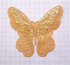 Organza vlinder met lovertjes, strijkapplicatie ~ 11,5 cm ~ Oker