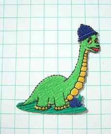Leuke Dinosaurus met muts,  strijkapplicatie ~ 6 cm