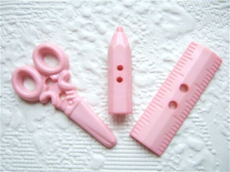 Roze setje liniaal, schaar & potlood, knoopjes - 0