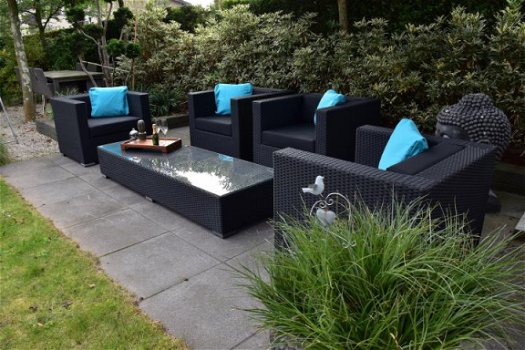 Loungestoel lounche fauteuil set terras tuin zwart wicker nieuw. - 2
