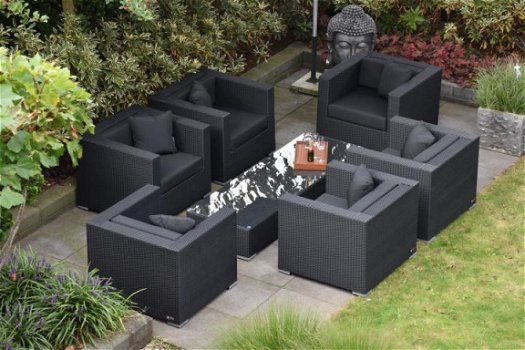 Loungestoel lounche fauteuil set tuin terras zwart wicker nieuw. - 1