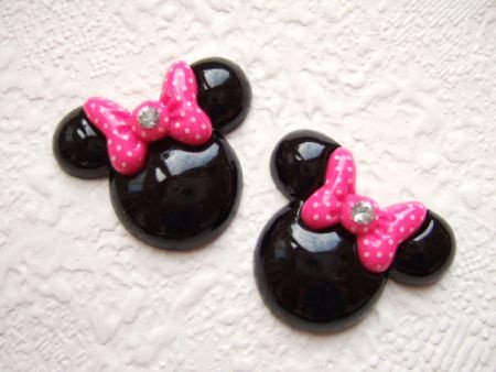 Zwarte Minnie Mouse flatback met polkadots strikje ~ 3 cm ~ Fuchsia roze - 0