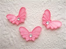 Roze glinster vlindertje met strass "flatback" ~  22 mm