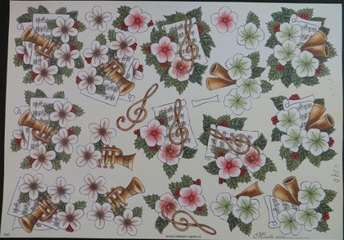 3D knipvel (A4) --- KERST --- MIREILLE / X62 --- KERSTBLOEMEN met MUZIEK - 1