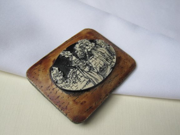 Broche kunststof zwart bruin off white kasteelvrouwen afbeelding 5.6x4.3 cm - Afbeelding 3