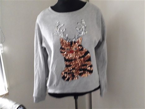 Mooie grijze sweater/shirt met glitter kerstpoes H&M mt M - 1